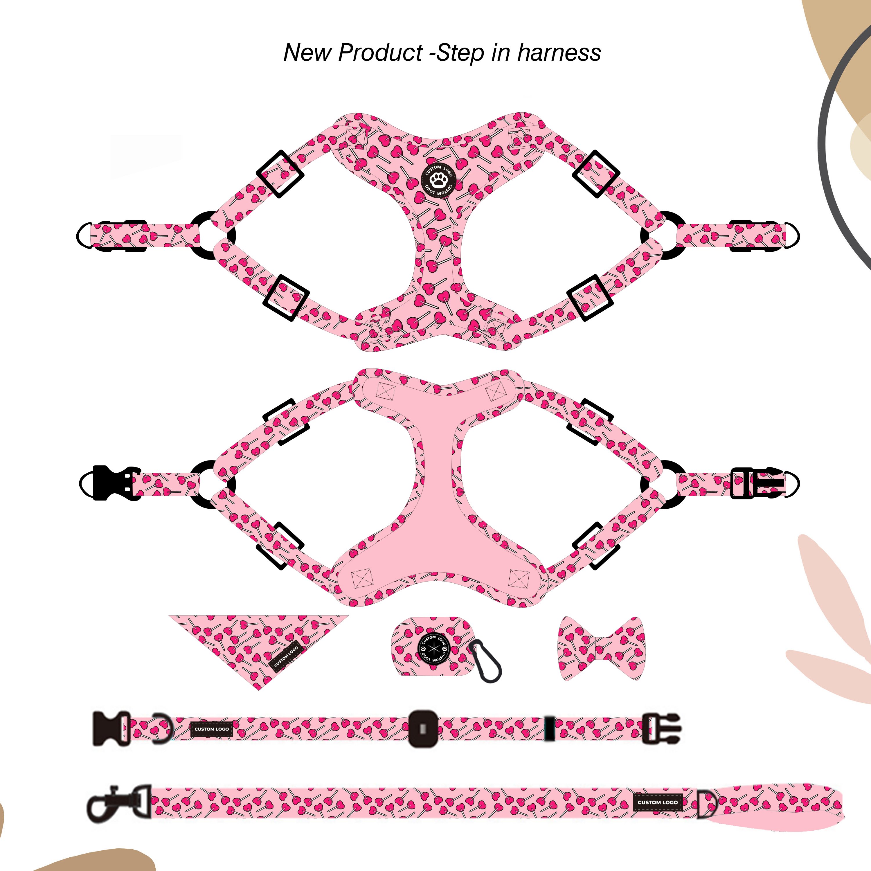 Winshine Pet Supplies Step In Dog Harness custom printing Adjustable Luxury Dog Harness And Leash Bow Tie Collar Poo Bag Holder
