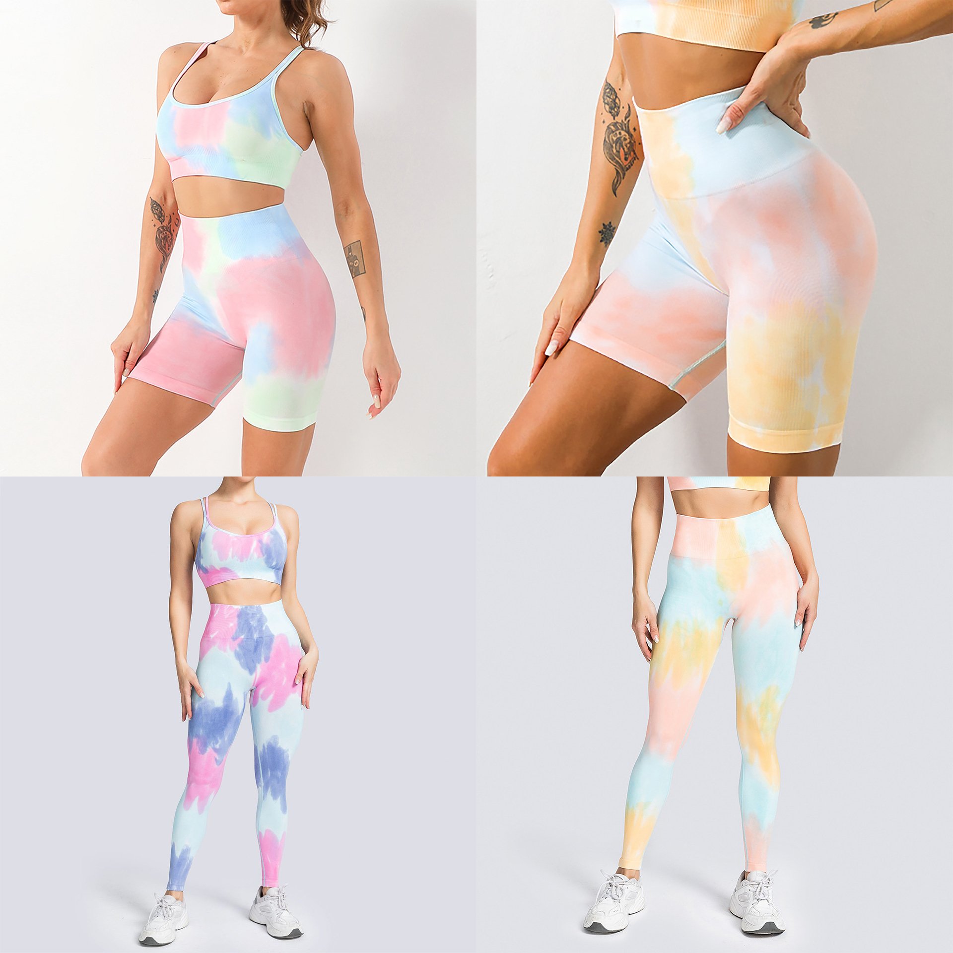 Hot Popular Seamless Yoga Gym Fitness Set Tie Dye High Waist Sports Bra Shorts Leggings 3 Piece Workout Sets for Women