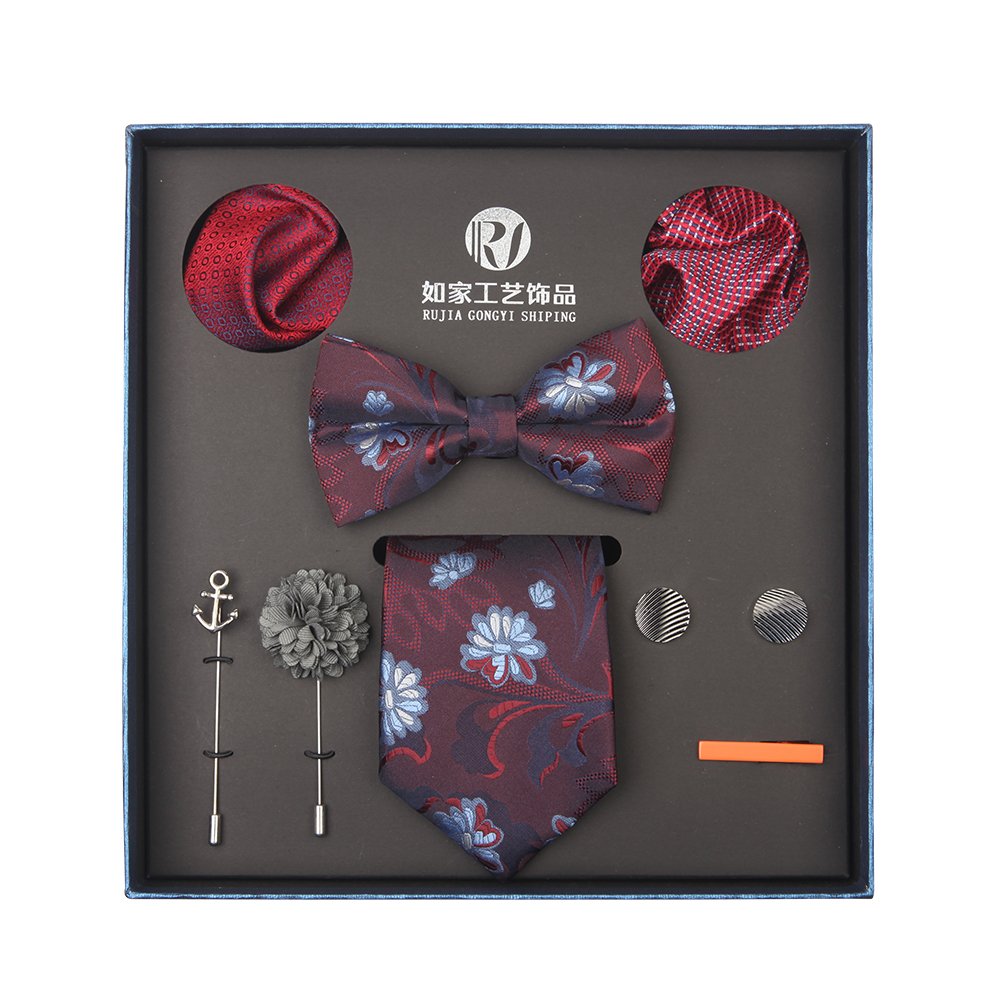 Classic Men's Multi-Color Paisley Flower Necktie Bow Tie Handkerchief Cufflink Lapel Pin Set with Tie Bar Gift Box