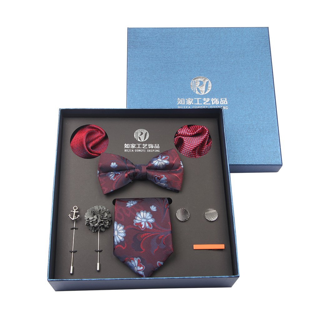 Classic Men's Multi-Color Paisley Flower Necktie Bow Tie Handkerchief Cufflink Lapel Pin Set with Tie Bar Gift Box