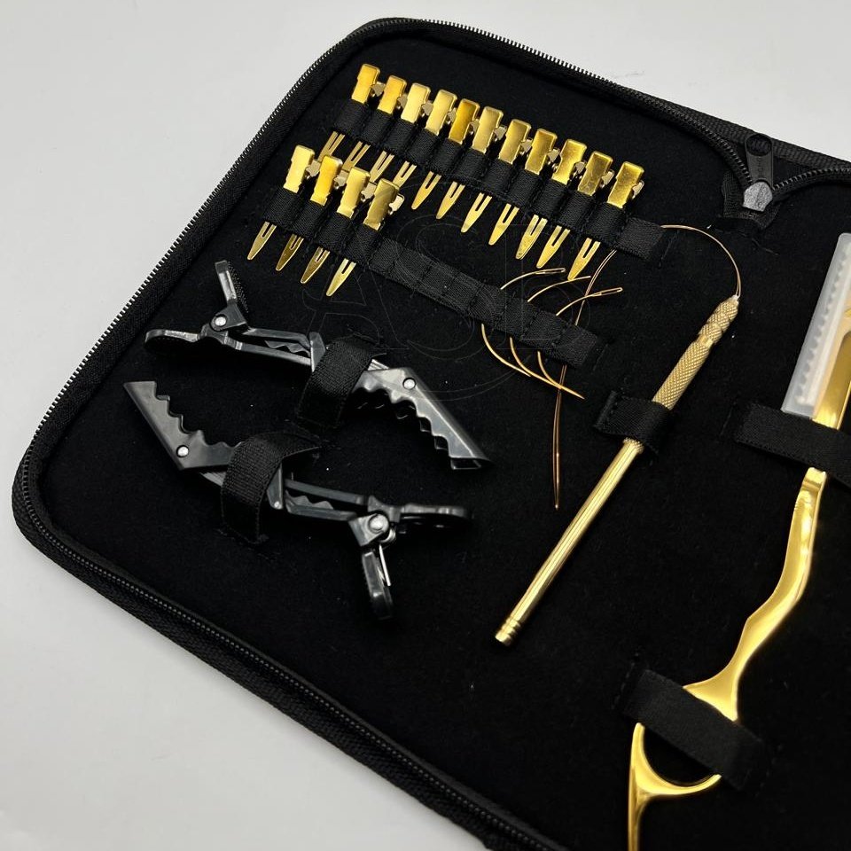 Hand Tied Hair Extensions Tools Kit Set Gold Plated Stainless Steel Custom Logo Two Holes Microbeads Hair Pliers Razor Clips