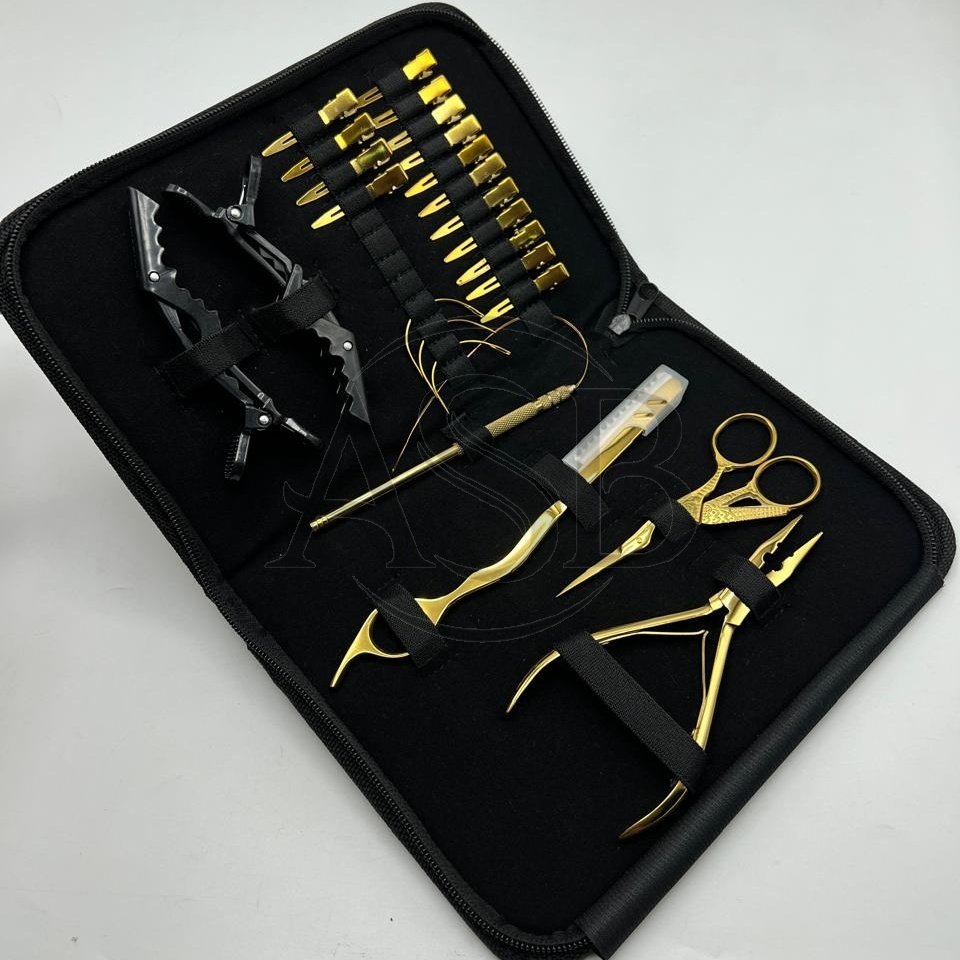 Hand Tied Hair Extensions Tools Kit Set Gold Plated Stainless Steel Custom Logo Two Holes Microbeads Hair Pliers Razor Clips