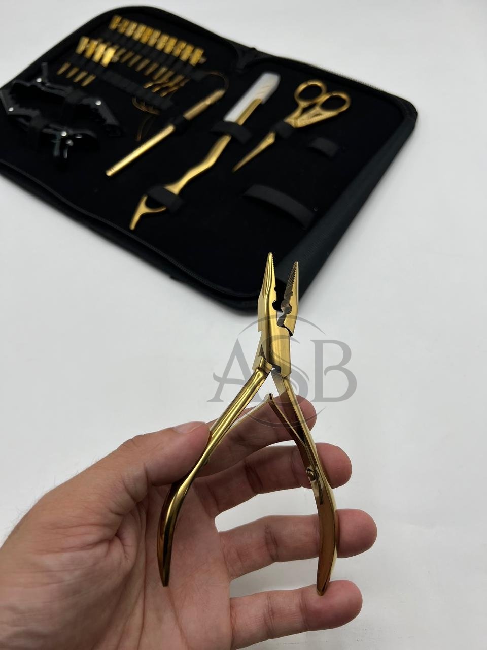 Hand Tied Hair Extensions Tools Kit Set Gold Plated Stainless Steel Custom Logo Two Holes Microbeads Hair Pliers Razor Clips