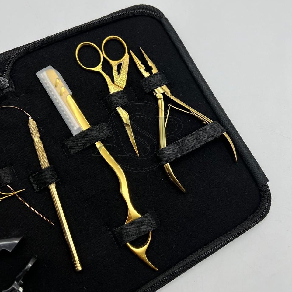 Hand Tied Hair Extensions Tools Kit Set Gold Plated Stainless Steel Custom Logo Two Holes Microbeads Hair Pliers Razor Clips