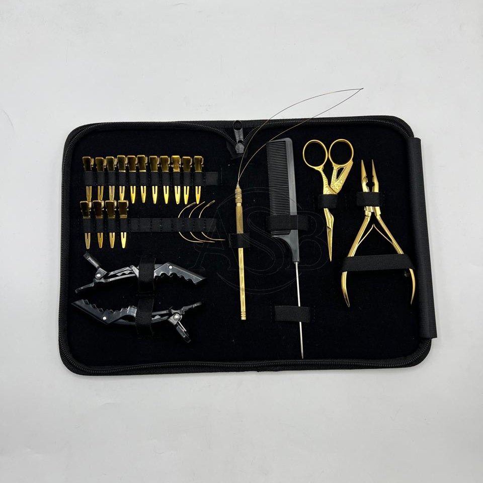 Hand Tied Hair Extensions Tools Kit Set Gold Plated Stainless Steel Custom Logo Two Holes Microbeads Hair Pliers Razor Clips