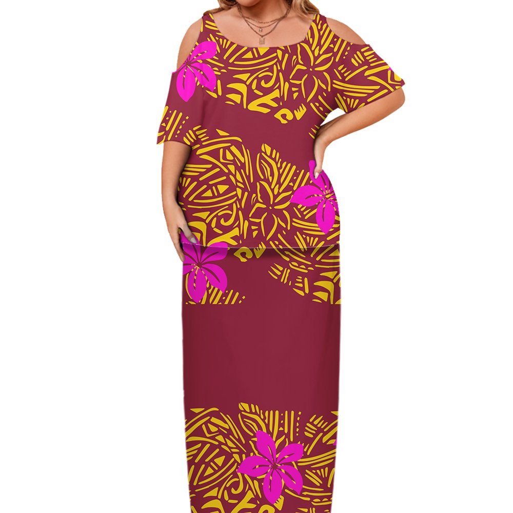 New Design Pacific Island Art hawaii Samoa Cold Shoulder Puletasi Dress Ptaha Polynesian Tribal Women Maxi Dresses 2 Piece Set