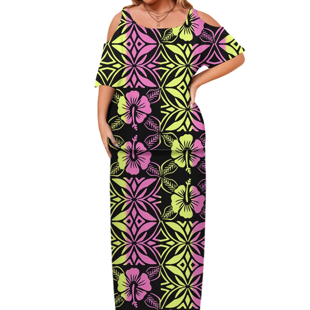 New Design Pacific Island Art hawaii Samoa Cold Shoulder Puletasi Dress Ptaha Polynesian Tribal Women Maxi Dresses 2 Piece Set