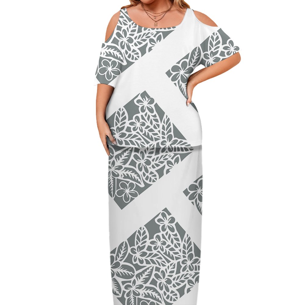 New Design Pacific Island Art hawaii Samoa Cold Shoulder Puletasi Dress Ptaha Polynesian Tribal Women Maxi Dresses 2 Piece Set