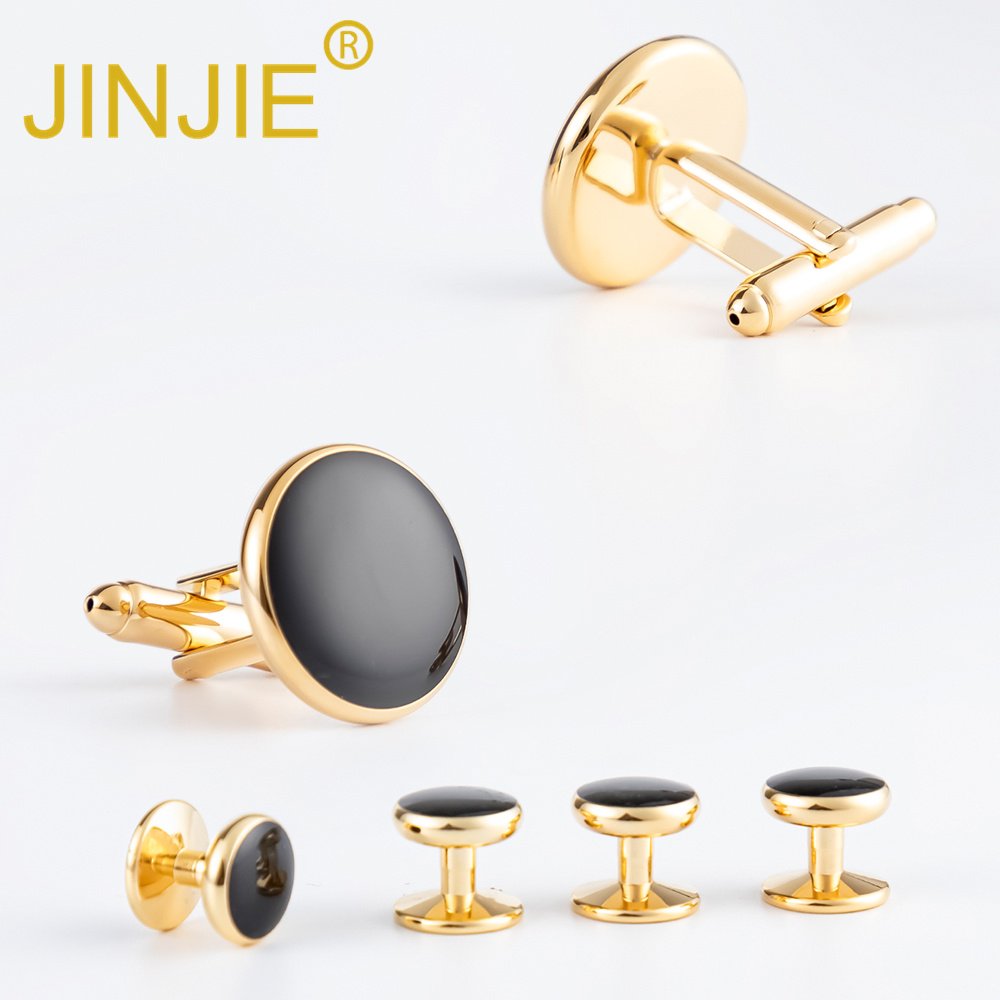 Ready to ship JINJIE luxury gold plated round black soft enamel mens 2+4 cufflinks and studs set tuxedo shirts with gift box