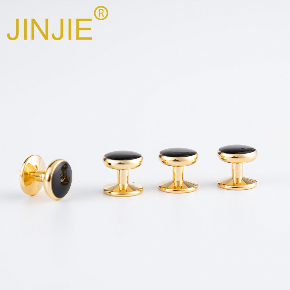Ready to ship JINJIE luxury gold plated round black soft enamel mens 2+4 cufflinks and studs set tuxedo shirts with gift box