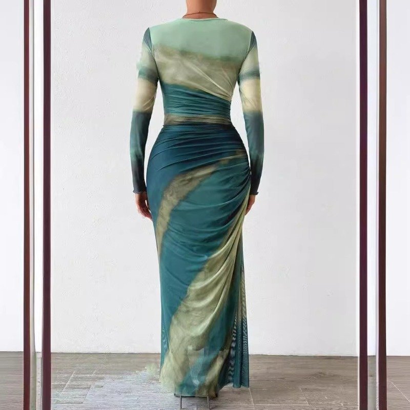 More Color Sustainable Tie Dye Mesh Long Dress for Women Elegant O-Neck Long Sleeved Slim Fit Party Dress Draped Decor Washable