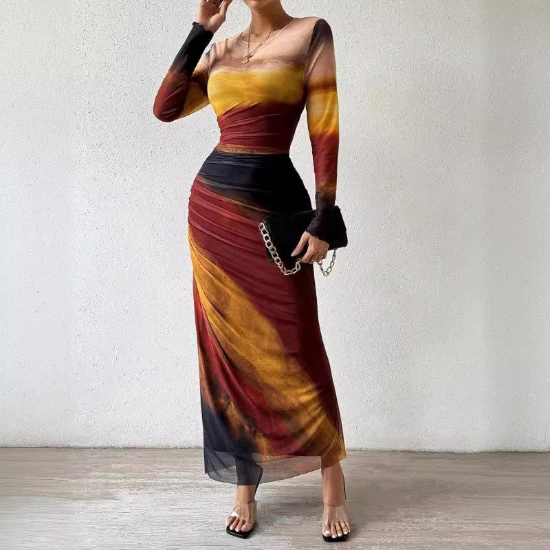More Color Sustainable Tie Dye Mesh Long Dress for Women Elegant O-Neck Long Sleeved Slim Fit Party Dress Draped Decor Washable