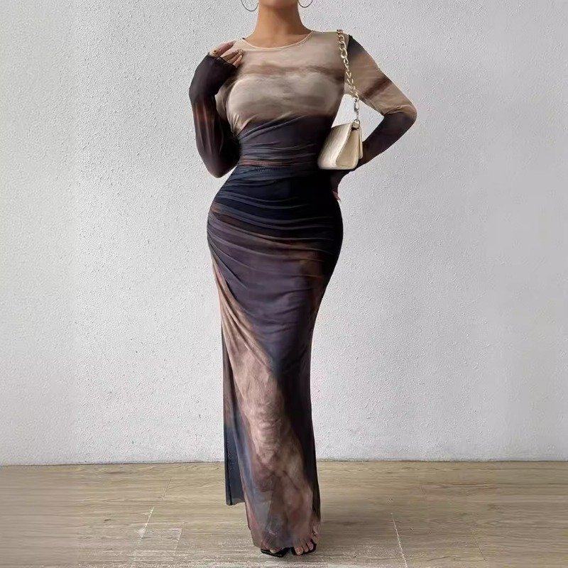 More Color Sustainable Tie Dye Mesh Long Dress for Women Elegant O-Neck Long Sleeved Slim Fit Party Dress Draped Decor Washable