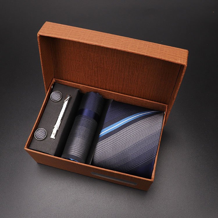 Custom Polyester Mens Fashion Premium Hanky Cufflinks Clip Plaid Checked Jacquard Ties Set With Gift Box
