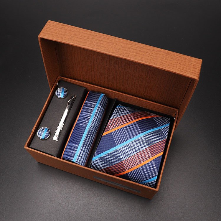Custom Polyester Mens Fashion Premium Hanky Cufflinks Clip Plaid Checked Jacquard Ties Set With Gift Box