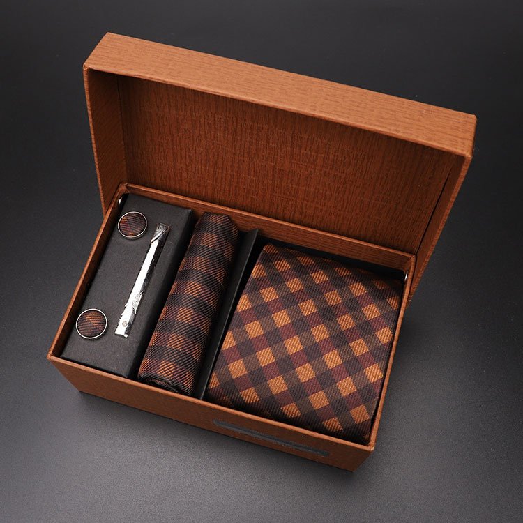 Custom Polyester Mens Fashion Premium Hanky Cufflinks Clip Plaid Checked Jacquard Ties Set With Gift Box