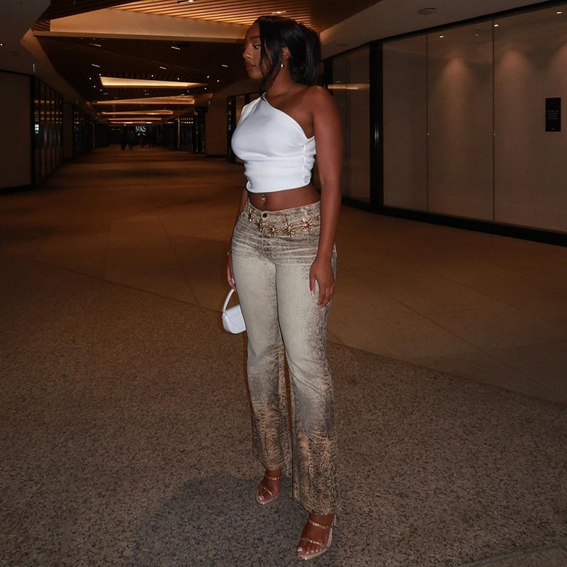 YS7253C Classic Fashion Women Crop Tops Skew Collar Sleeveless One Shoulder Solid Summer Daily High Street Y2K Slim Wild Tees