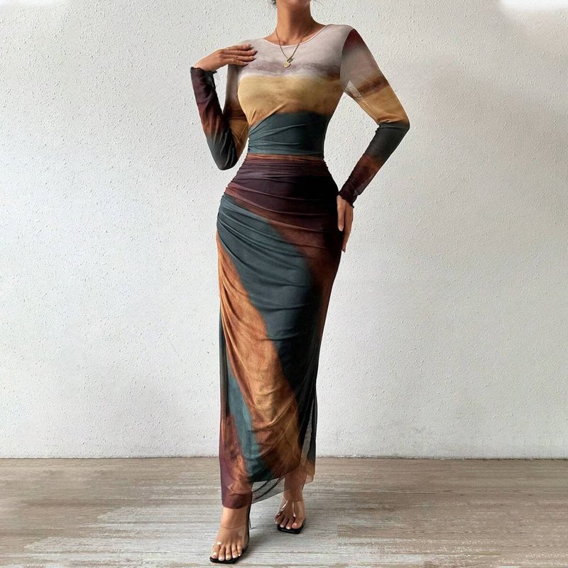 Mesh Long Dress Elegant women's casual dress Tie Dye Slim Fit Party Dress