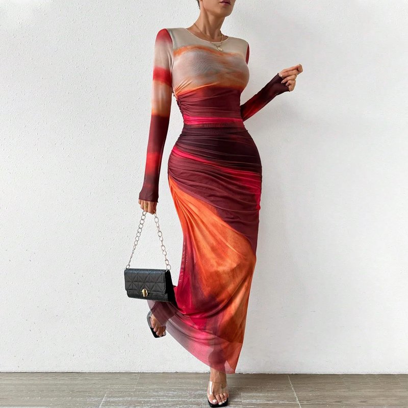 Mesh Long Dress Elegant women's casual dress Tie Dye Slim Fit Party Dress