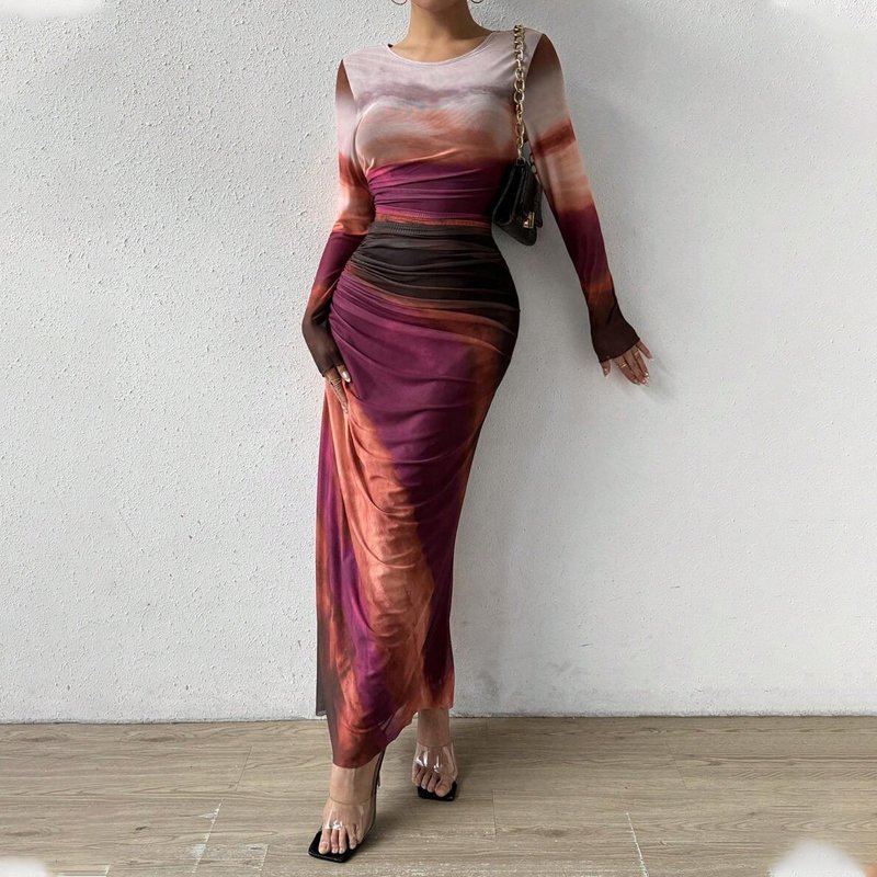 Mesh Long Dress Elegant women's casual dress Tie Dye Slim Fit Party Dress