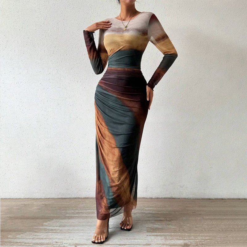Mesh Long Dress Elegant women's casual dress Tie Dye Slim Fit Party Dress