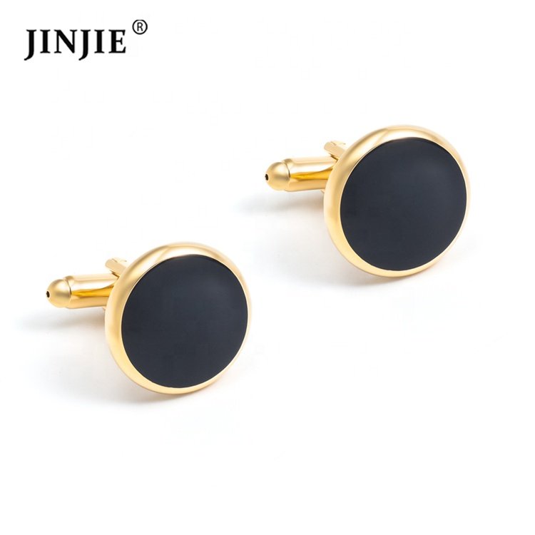 Ready to ship cheap copper material men round gold plated black enamel cuff links for men gift on shirt