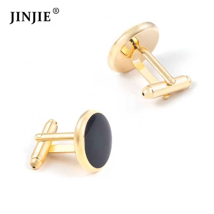 Ready to ship cheap copper material men round gold plated black enamel cuff links for men gift on shirt