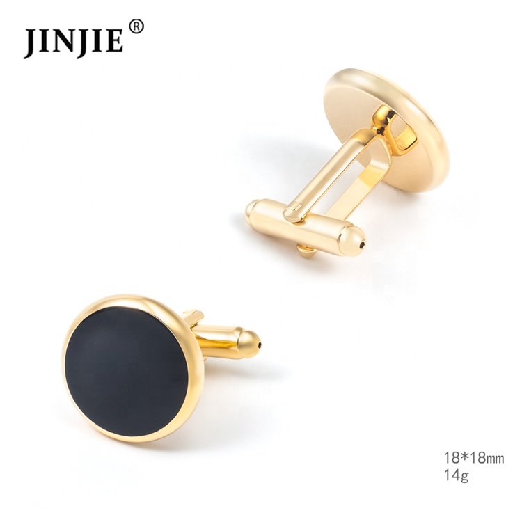 Ready to ship cheap copper material men round gold plated black enamel cuff links for men gift on shirt