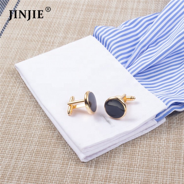 Ready to ship cheap copper material men round gold plated black enamel cuff links for men gift on shirt