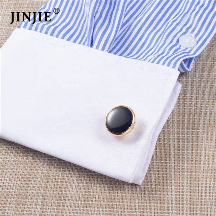 Ready to ship cheap copper material men round gold plated black enamel cuff links for men gift on shirt
