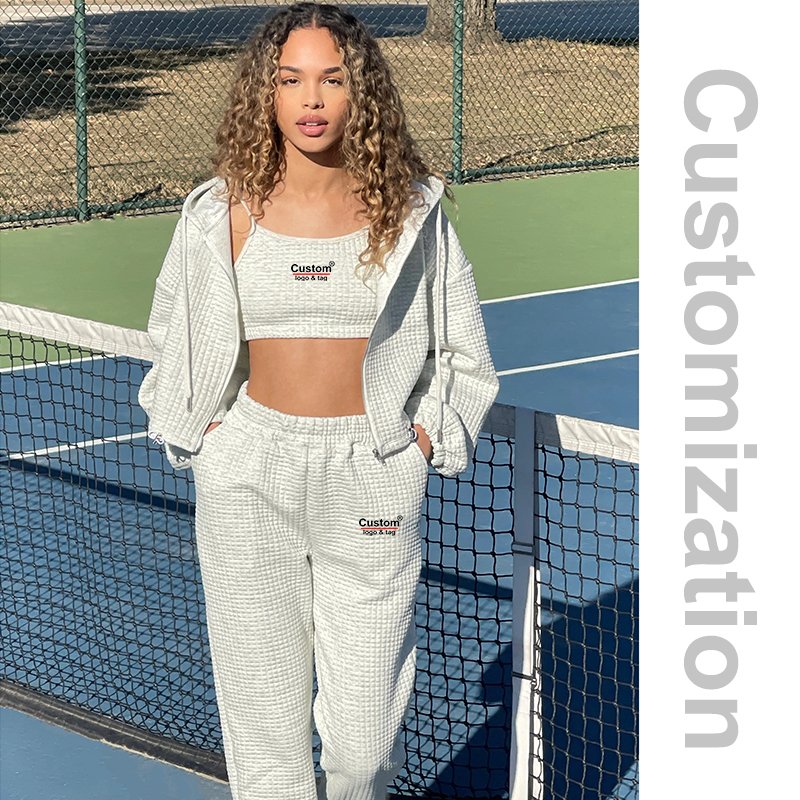 Custom Womens Oversized Long Sleeve Lounge Sets Zip Up Cropped Waffle Hoodie and Pants 3 Piece Outfits with Embroidery Logo