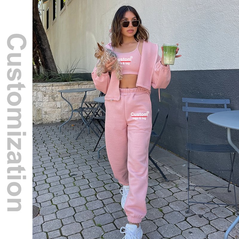 Custom Womens Oversized Long Sleeve Lounge Sets Zip Up Cropped Waffle Hoodie and Pants 3 Piece Outfits with Embroidery Logo