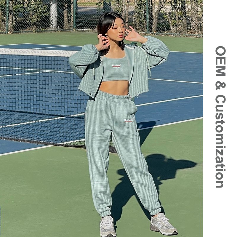 Custom Womens Oversized Long Sleeve Lounge Sets Zip Up Cropped Waffle Hoodie and Pants 3 Piece Outfits with Embroidery Logo