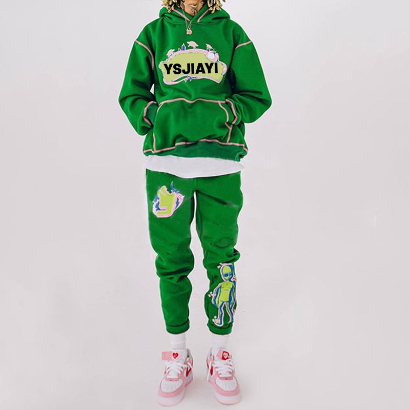 Unisex French Terry Sweatsuits Custom Cotton Heavyweight Oversized Contrast Stitch Print Men Hoodie And Jogger Sweat Pants Set