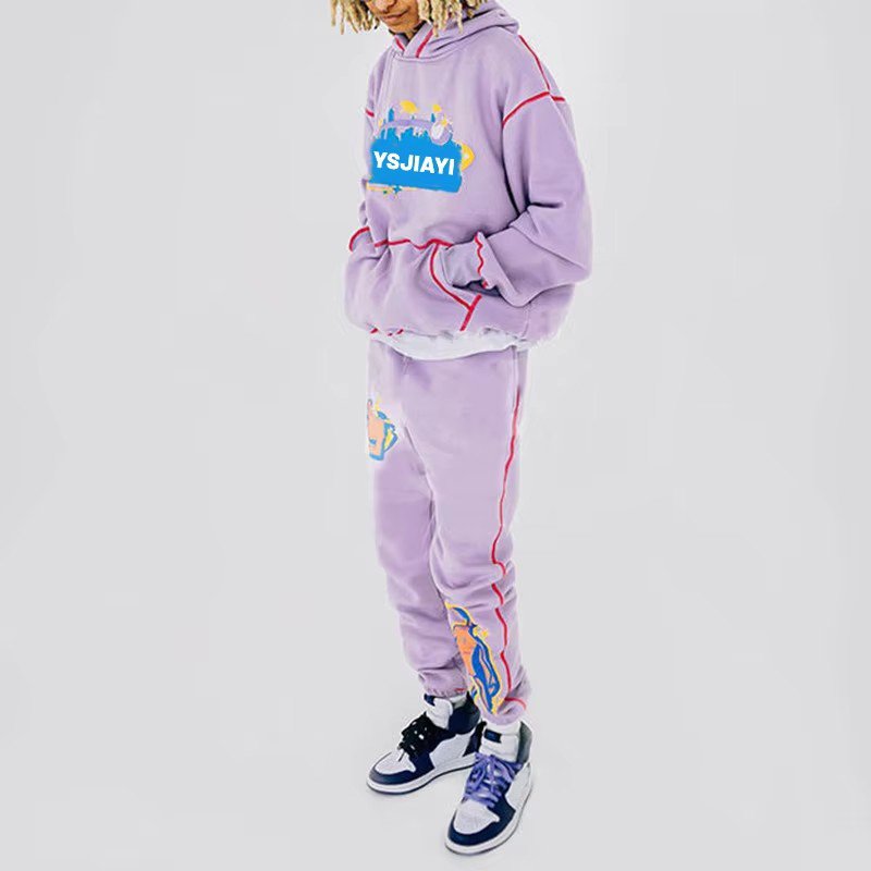 Unisex French Terry Sweatsuits Custom Cotton Heavyweight Oversized Contrast Stitch Print Men Hoodie And Jogger Sweat Pants Set
