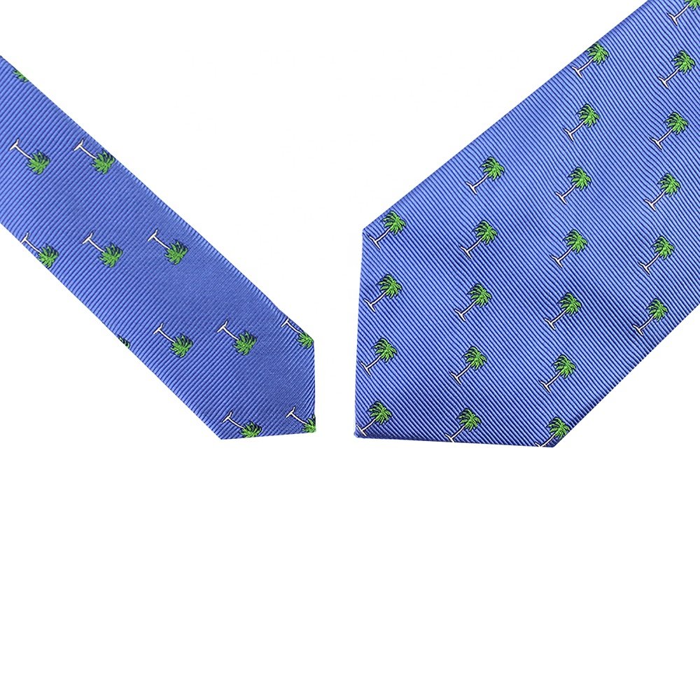 Wonderful Holiday Blue Horizontal Mens Ties Premium 100% Silk Custom Woven Tropical Coconut Palm Customized Necktie Rainforest