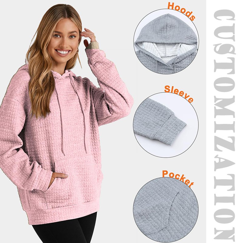 Custom Waffle Knit Hoodies Sweatshirt Top For Women Casual Pullover Waffle Long Sleeve Drawstring Hooded Sweatshirt with Pocket