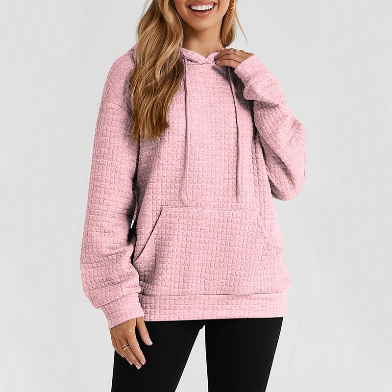 Custom Waffle Knit Hoodies Sweatshirt Top For Women Casual Pullover Waffle Long Sleeve Drawstring Hooded Sweatshirt with Pocket
