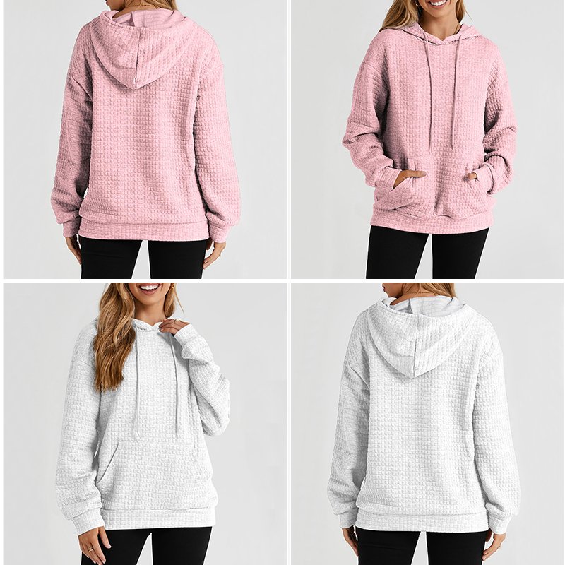 Custom Waffle Knit Hoodies Sweatshirt Top For Women Casual Pullover Waffle Long Sleeve Drawstring Hooded Sweatshirt with Pocket