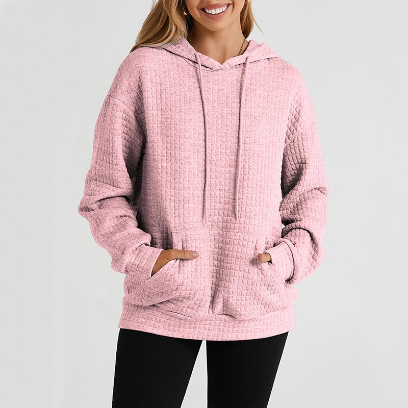 Custom Waffle Knit Hoodies Sweatshirt Top For Women Casual Pullover Waffle Long Sleeve Drawstring Hooded Sweatshirt with Pocket