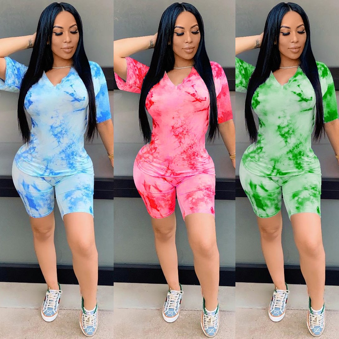 New Hot Sale Tie Dye V Neck Suit Casual Fashion Sports Pants Two Piece Set