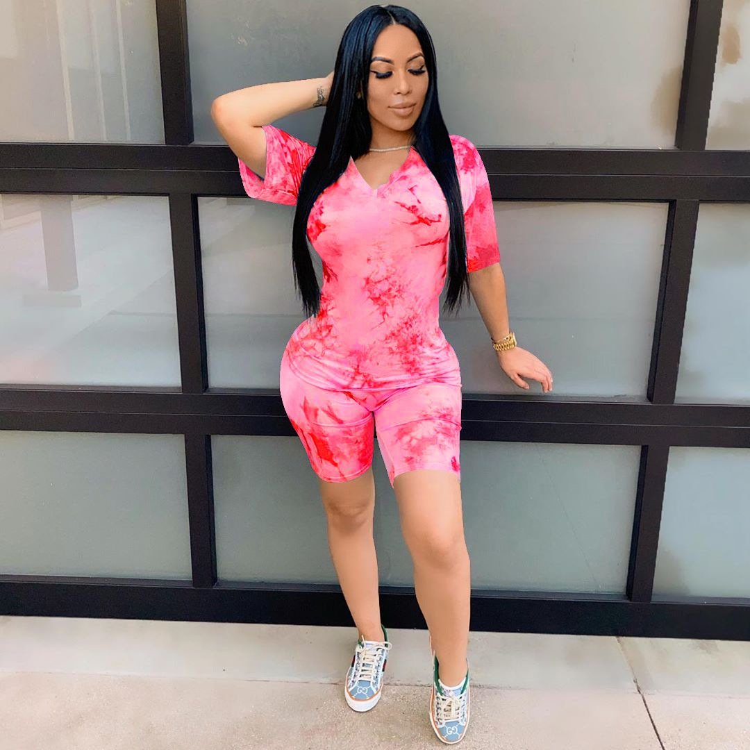 New Hot Sale Tie Dye V Neck Suit Casual Fashion Sports Pants Two Piece Set