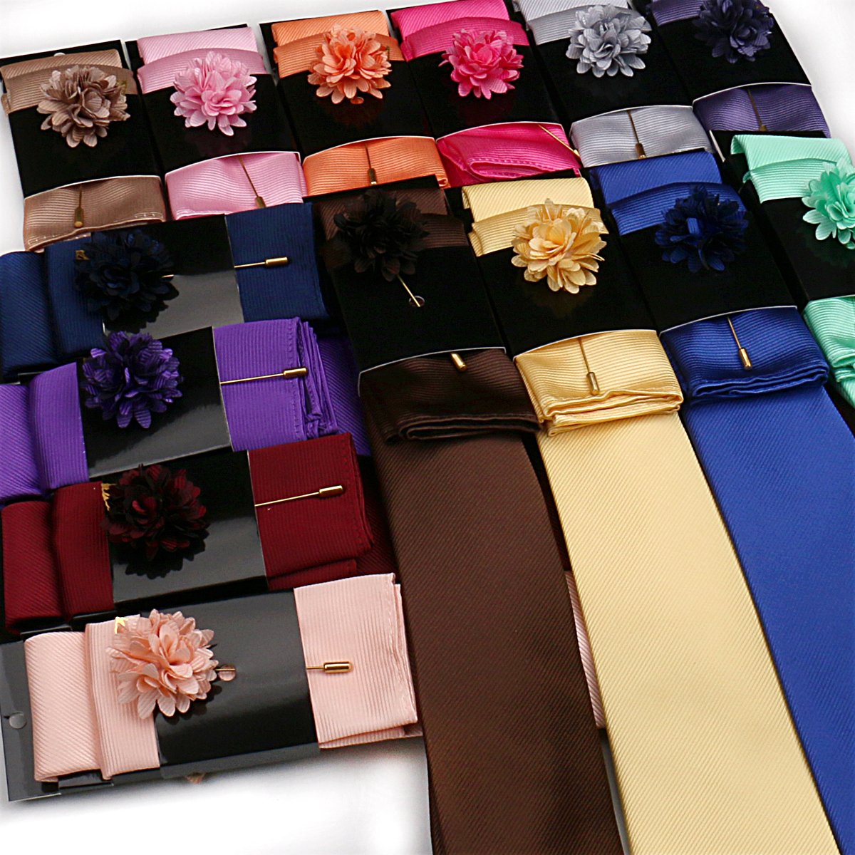 Luxury Silk Polyester Ties For Men And Pocket Square Brooches Solid Plain Wedding Men Necktie Tie Set