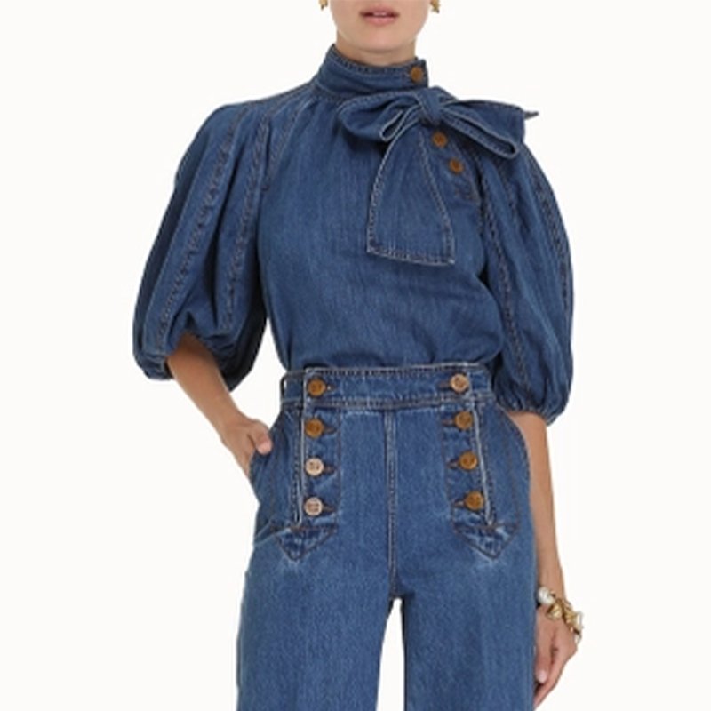Custom Women Washed Lantern Flare Sleeve Bow Tie Denim Stand Collar Casual Women Shirt Jeans Shirts For Ladies