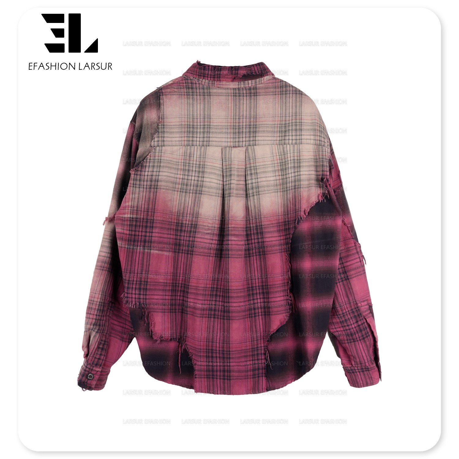 LARSUR Custom factory fleece wool / polyester plaid flannel shirts ripped raw edges sun faded dye patchwork flannel jacket men