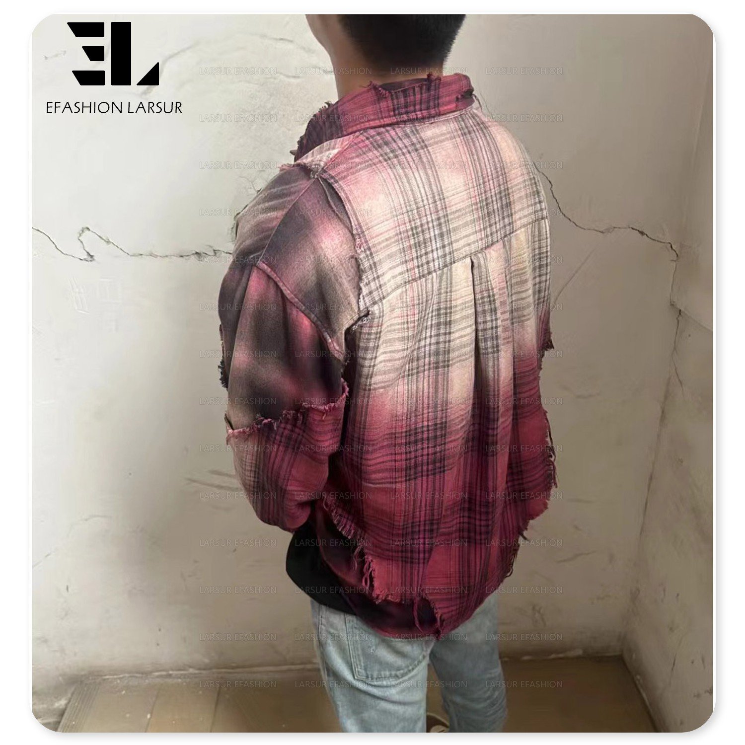 LARSUR Custom factory fleece wool / polyester plaid flannel shirts ripped raw edges sun faded dye patchwork flannel jacket men