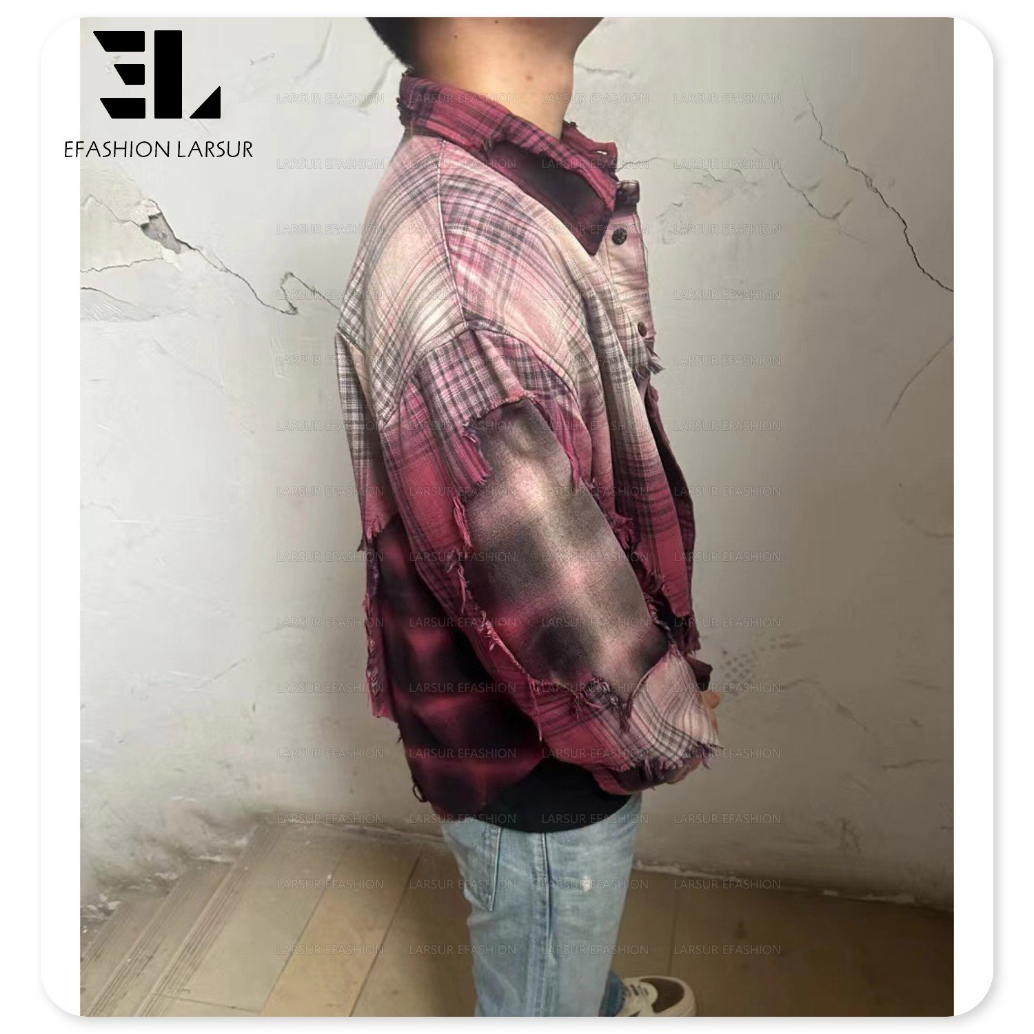LARSUR Custom factory fleece wool / polyester plaid flannel shirts ripped raw edges sun faded dye patchwork flannel jacket men