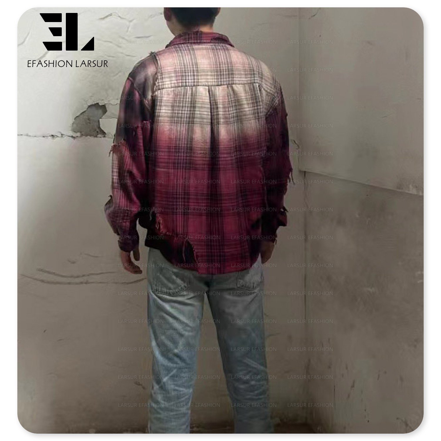 LARSUR Custom factory fleece wool / polyester plaid flannel shirts ripped raw edges sun faded dye patchwork flannel jacket men