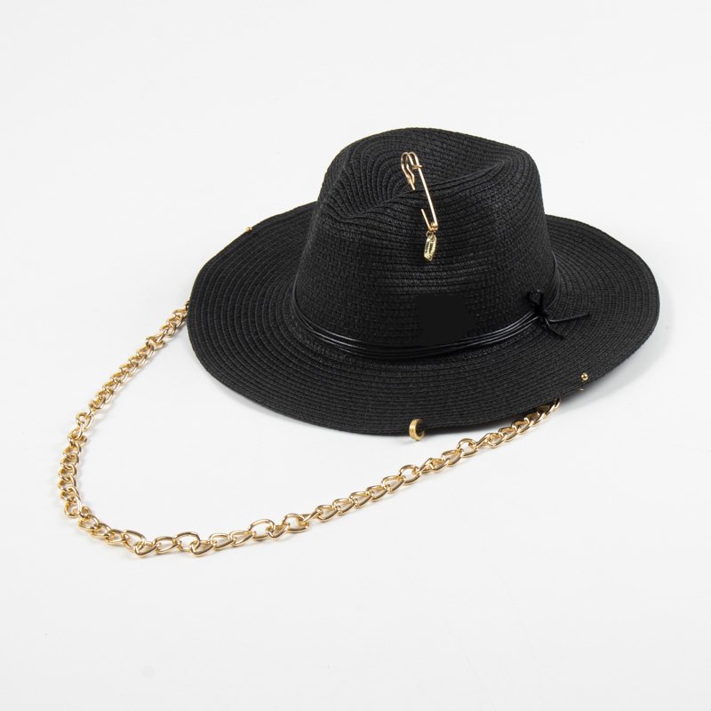 Fashion Black Letter Panama Hats For Women Summer Chain Strap Hat Casual Outdoor Beach Tourism Sun Protection Vintage Jazz Hats