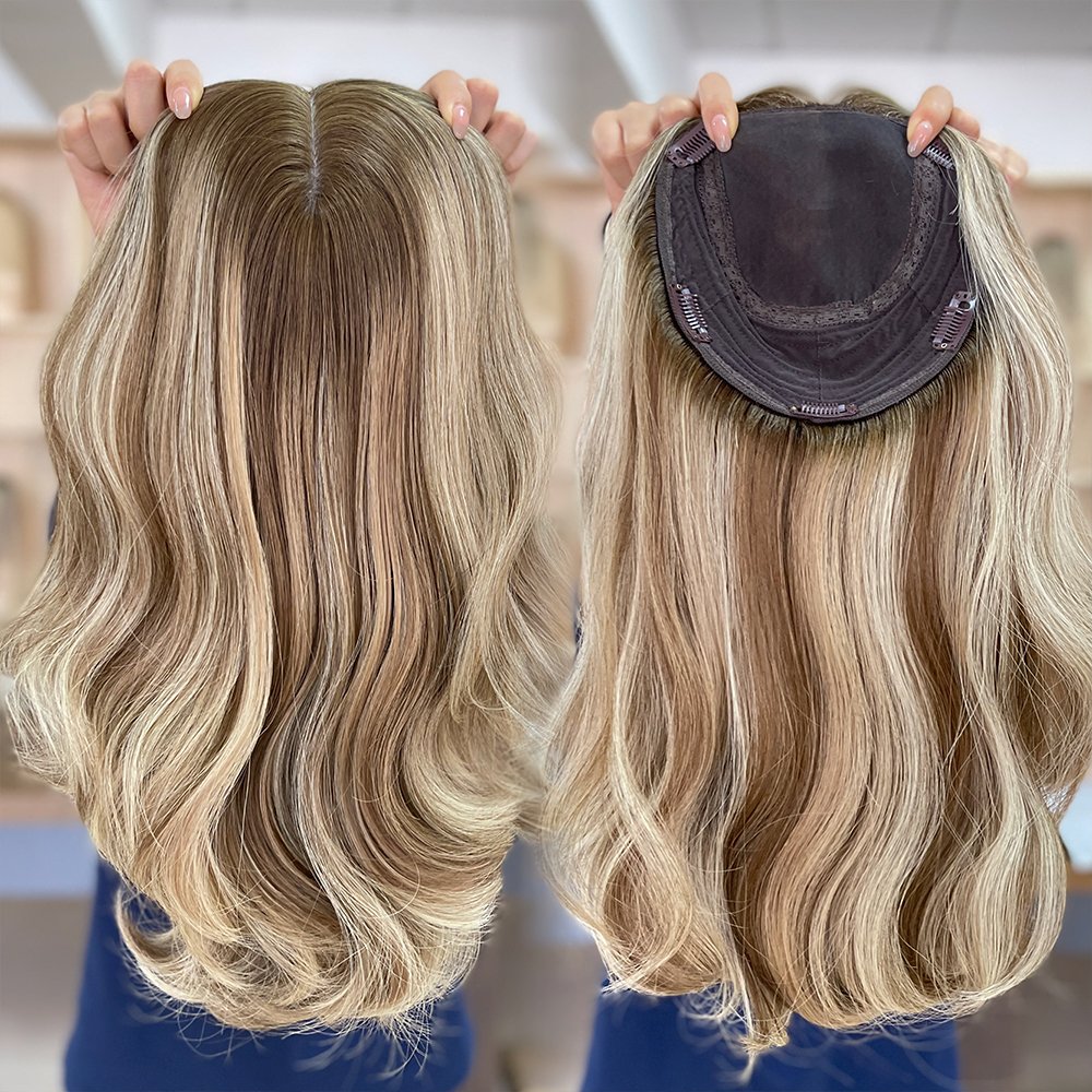 Factory Wholesale hand tied brown blonde curly skin mono base lace European human hair women toppers fringe